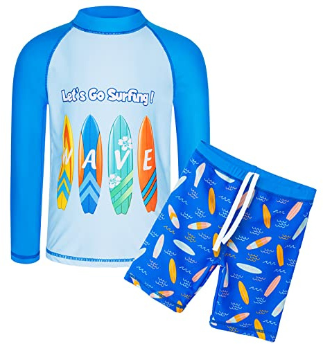 HUAANIUE Garçons Enfants Maillot de Bain 2 Pièces Anti-UV UPF 50+ Enfants Garçons Plage Combinaison de Bain à Manches Longues 4-14 Ans (S245-Planche de Surf Bleue, 4-5 Ans)