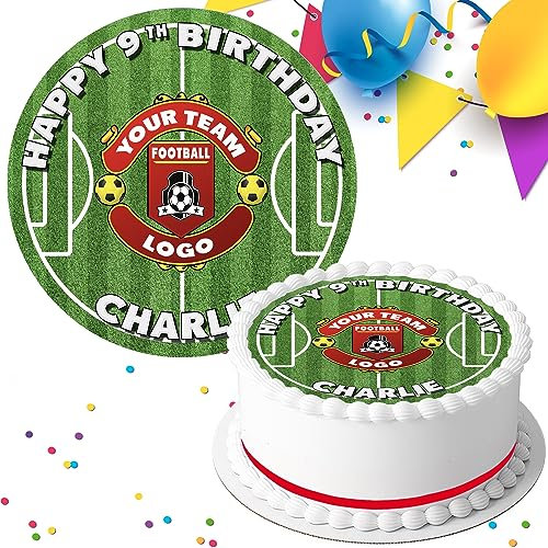 YOUR FOOTBALL TEAM LOGO GRASS PITCH BIRTHDAY PERSONALISED 7.5 INCH EDIBLE ICING CAKE TOPPER DECORATION FB-8415