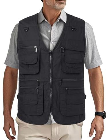 HZQIFEI Homme Multi-Poches Gilet de Pêche Gilet de Plein air Veste sans Manches pour Veste de Sport Gilet Journaliste MJ10 (Noir, XL)