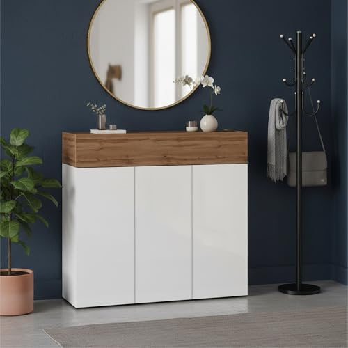 Dmora - Étagère à Chaussures Nick, étagère à Chaussures Peu encombrante à 4 Portes, Armoire d'entrée multifonctionnelle, 114x38h100 cm, Blanc et chêne