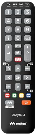 Meliconi Easytel 4, Telecomando universale 4 in 1 per TV, Decoder, DVD/Blu-ray e TV Box, Compatibile con quasi tutte le marche, Funzioni Smart TV, Compatto e maneggevole