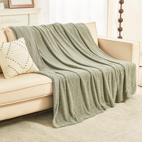 EMME Filt i muslinbomull, fleece, vändbar – mjuk, varm, sängkläder, överkast, för bäddsoffa, picknick, resor, säng, salviagrön, 125 x 150 cm