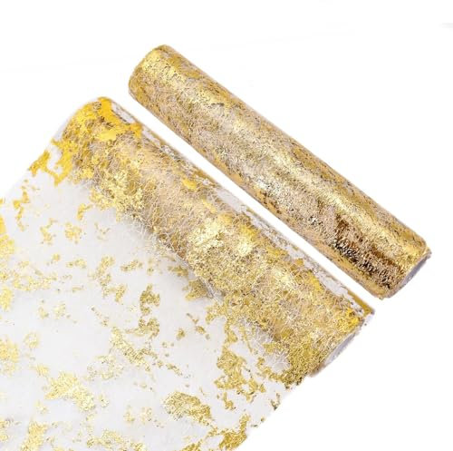Chemin De Table Filet avec Feuille d'or,28cmx10m Chemin De Table Polyester,Ruban De Table Métallisé Décoration pour Fête,Célébrations,Anniversaire, Mariage, Noël, Fêtes De Bébé,DIY,etc.