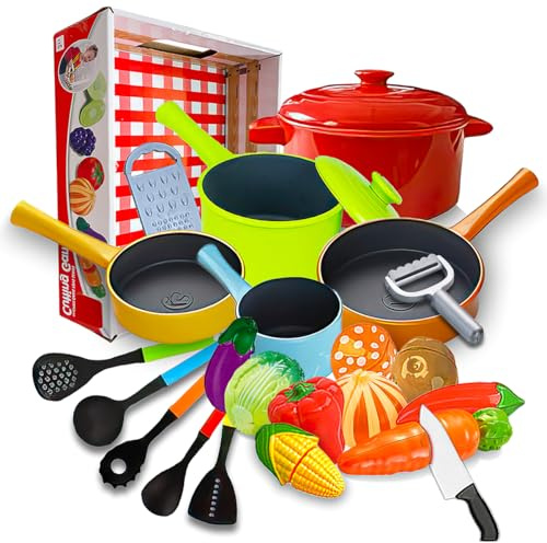 Koolbitz 34 PCs Kids Kitchen Play Set, Colorful Pretend Play Pots, Pans & Utensils Cooking Set & Fruit & Veggies Food Cutting Set, Educational Role Play Kitchen Accessories Gift for Children Ages 3+