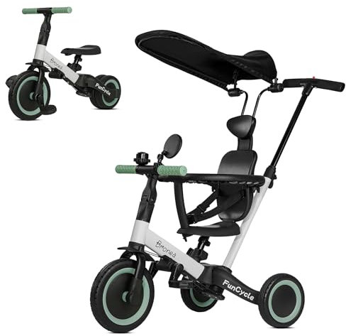 Bronea® 5-in-1 Dreirad ab 1 Jahr mit Schubstange | Wächst mit Ihrem Kind vom Kinderdreirad bis Laufrad | Mit Gurt, Dach & Zubehör wie Getränkehalter, Spiegel, Klingel (Schwarz/Weiss)