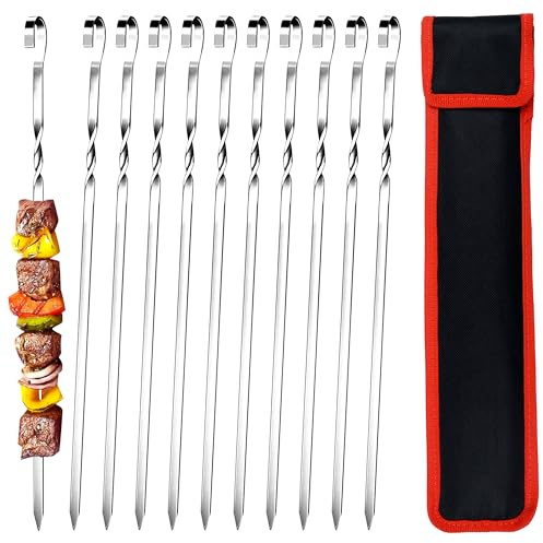 GXFCING 20 Piezas Brochetas de la Parrilla, 40CM Brochetas para Barbacoa de Acero Inoxidable SUS304, Pinchos de Metal Plano, Brochetas Kebab Reutilizables con Bolsa de Nylon