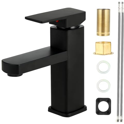 Grifo Lavabo - Grifo Baño - Grifo Bidet - Grifos Para Lavabos De Baño Fría/Caliente con Mangueras 60 cm, Ideal para Lavabos, Cocinas, WC, Oficinas y Hoteles (Negro)