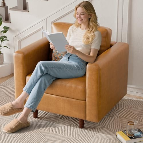 ABCASA Faux Leather Oversized Accent Chair with Storage Deep Seat Single Sofa Large Reading Armchair for Living Room Bedroom Office Brown
