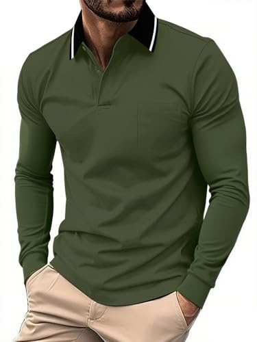 JACKETOWN Polo para Hombre Polo Manga Larga Camiseta de Golf Trabajo Transpirable T Shirt con Bolsillo Primavera Otoño Camisetas de Senderismo Pesca,Verde Militar,XL