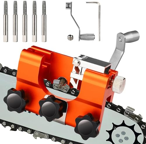 Afilador de cadenas, afilador de sierras de cadena portátil con 5 cabezales abrasivos, afilador de cadenas para motosierras con guía angular, afilador universal para todas las sierras de cadena