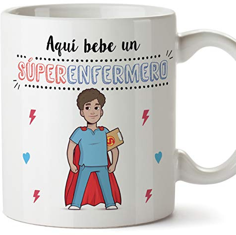 MUGFFINS Enfermero Tazas Originales de café y Desayuno para Regalar a Trabajadores Profesionales - AQUÍ Bebe UN SÚPER ENFERMERO - Cerámica 350 ml