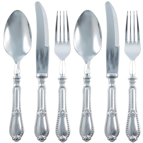 Posate in argento lucido in stile barocco, dimensioni standard (set da 80), design resistente, ideali per feste memorabili e uso quotidiano