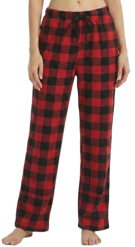 YUSHOW Lot de 1 Bas de Pyjama Femme à Carreaux en polaire Automne/Hiver Souple Pantalon de Pyjama Confortable Lounge Décontracté, Rouge Noir À Carreaux, M