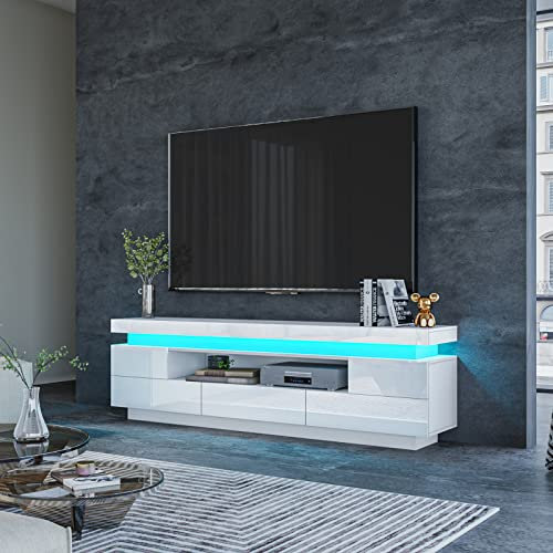 TV Stand Cabinet Modern White Gloss TV Stand Unit with LED Lights 150CM, 5 Drawers, 1 Open Shelf and Hidden Top Storage Space, for Bedroom Living Room Home Furniture