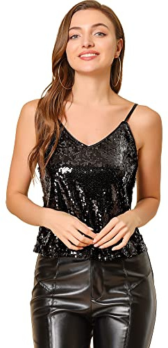 Allegra K Top Pailleté Femme Bretelles Spaghetti Brillant Scintillant pour Fête Soirée Noir XS