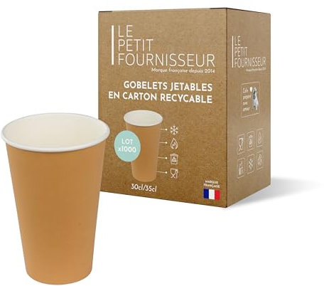 LPF LE PETIT FOURNISSEUR - Lot de 1000 Gobelets jetables en Carton Kraft 30-35cl - Recyclable et Biodégradable - Gobelets café, thé, boissons chaudes et froides - Résistant à la chaleur - Couleur Brun