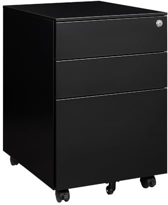 Sightlife Rollcontainer mit 3 Schubladen, Abschließbar Schublade unter Schreibtisch Container Schreibtischschrank Hängeregisterschrank Unterschrank Schubladenschrank Metall Bürocontainer(Schwarz)