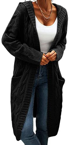 GeGekoko cardigan för kvinnor med huva och öppen framsida, kabelstickade tröjor enfärgade tjocka långa tröjor rockar, Svart, XL