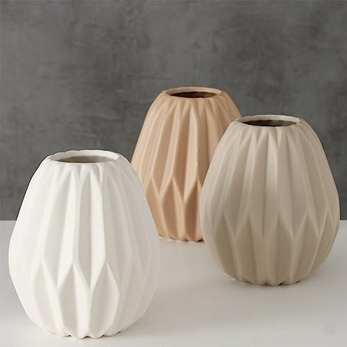 Dekorationsvas, uppsättning med 3, gemometrisk design av keramik, matt, höjd 13 cm, blomvas, bordsdekoration, modern och dekorativ beige