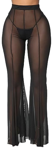 Pantalon en Maille Transparente pour Femmes, Pantalon Large Taille Haute, Cover up Sheer Beach Pants Bikini Bottoms Maillot de Bain, Pantalon évasé Volants Sexy pour Costume de Performance Party Rave