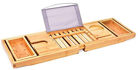 Étagère de Baignoire Plateau de Baignoire en Bambou Plateau de Bain Pont avec côtés Extensibles Support de Tablette de Livre intégré Plateau de téléphone Portable Porte-Verre à vin Savon Plateau de