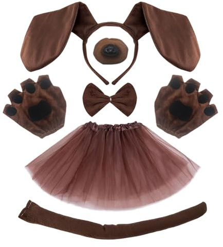 XNIVUIS 6 Pièces Déguisement Animal,Ensemble de Costume de Chien,des Oreilles et Une Queue de Chien Marron Gants de Nez un Nœud Papillon et Une Robe pour et Les Enfants Cosplay(Marron)