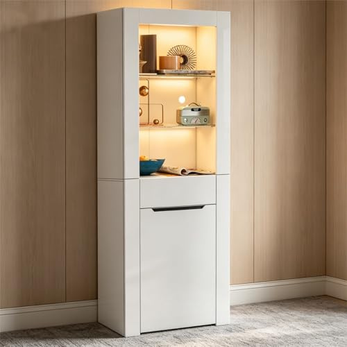 PUGSDRLY Armoire de Vitrine avec Lumières LED,Buffet Salle a Manger,Bibliotheque,Armoire Moderne Polyvalente avec étagères,Meubles de Rangement pour Cuisine Salon et Bureau (Blanc)