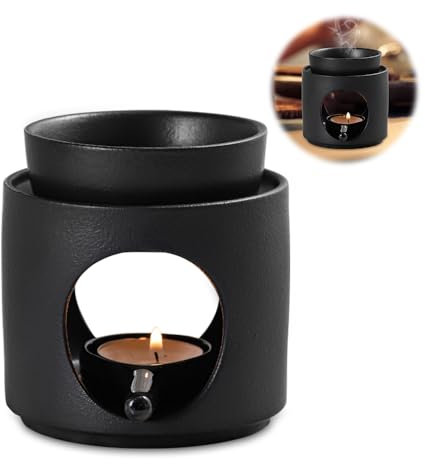 mizikuu Duftlampe Ambiente Teelicht, Keramische Duftlampe Teelicht Zart Und Schön Aromalampe aus Keramik Duftöl und Duftwachs Diffusor Hochwertige Stövchen für ätherische Öle (Schwarz)