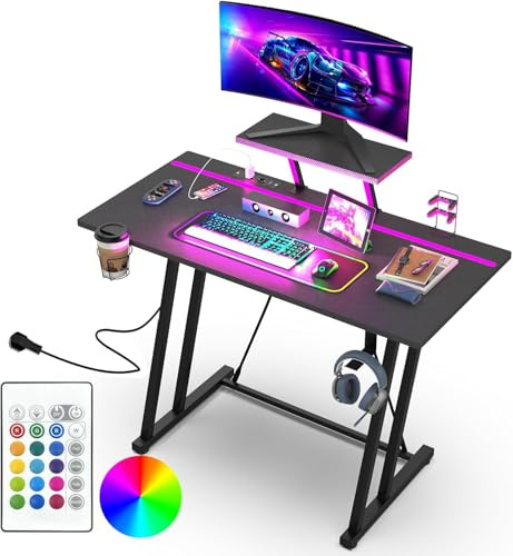 HaodaCulture Mesa Gaming LED 100x50 cm, Escritorio Gaming con Tomas de Corriente y Luces LED, Mesa de Juego, 2 Puertos de Carga USB y 2 Enchufes, Accesorios completos, para el Hogar, Oficina