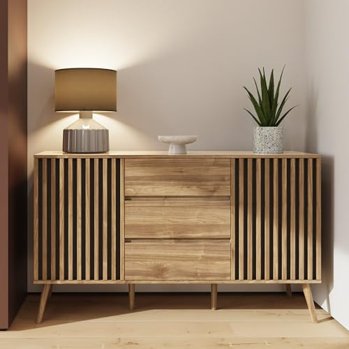 GFW Rowan Large Sideboard with 5 Storage Compartments, Oak Effect Cabinet with Vertical Slat Detailing, Modern Storage Unit for Living Room, Dining Room or Hallway