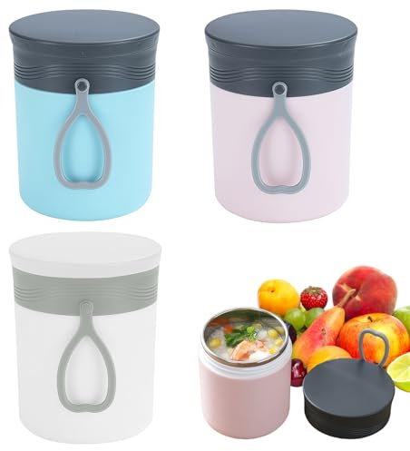 PRITOK Termosbehållare i rostfritt stål för måltider: 3 stycken 450 ml termoskål, vakuumisolerad termisk lunchlåda, termosmugg mat to go varmhållningsbehållare för barn (blå + rosa + vit)