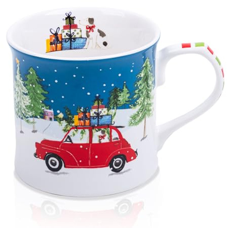 MFoffice 12 oz Christmas Car Coffee Mug, Festive New Bone China Mug with A Red Beetle in Snowy Winter Scene, Holiday Gift for Car Lovers, Kids & Family, Designed in England by Harvest Green Studio