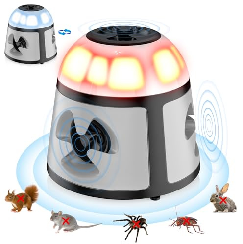 Repellente per Topi, 360° Dissuasore per Topi con Luce Lampeggiante, 4 Modalità Repellente Ratti, 600 M² Ampia Gamma Ultrasuoni per Ragni, Esterno Interno per Roditori Ratti Formiche Ragni Scarafaggi