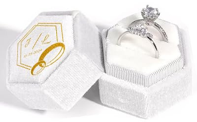 Personalised Wedding 2 Slot Ring Box with Name Date Custom Hexagon Velvet Ring Box for Wedding Ceremony Proposal Engagement Bridal Gifts for Women Girlfriends