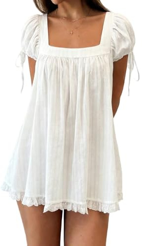 Women Puff Sleeve Babydoll Mini Dress Y2K Lace Trim Ruffle Flowy Dresses Summer Loose Swing Going Out Sundresses (White, L)