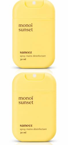 Spray Mains Désinfectant Parfum Monoï – Lot de 2 x 30 ml – Format Poche – Nettoyage Sans Rinçage – Parfum Monoï Sunset