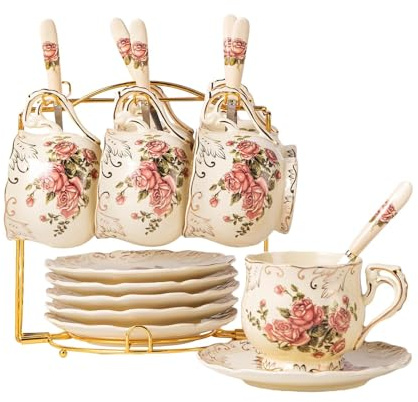 YOLIFE 8 OZ Pink Rose Tea Cups and Saucers Set of 6, Ivory Vintage Floral Porcelain Teacups Set, Coffee Cups with Golden Rack