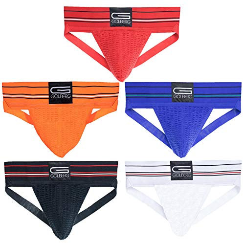 GOLBERG G Mens Jockstrap Underwear - 5 Pack (Black, Blue, White, Orange, and Red) - Size X-Large (42-50 Inch) - Athletic Supporter