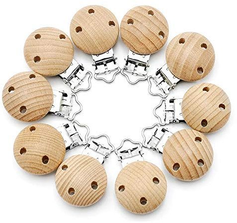 RUBY 10 Pinza Para Chupete Madera,Clips Para Chupetes Sujeta Bebe,Pinzas Chupete Personalizado, Redondo Chupeteros De Madera(Con Agujero, 10 PCS)