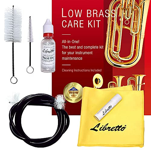 Libretto Low Brass ALL-INCLUSIVE Cleaning Kit with Instructions: Valve Oil + Slide Grease + Cleaning Cloth + Mouthpiece/Valve/Bore Brushes. A Great Gift for Tuba, Euphonium, Baritone, Sousaphone &More