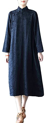 NFYM Automne Hiver Femmes Chinois Cheongsam Robe Coton Jacquard Qipao Longue Ethnique Moderne Trend Robes, noir, Taille Unique