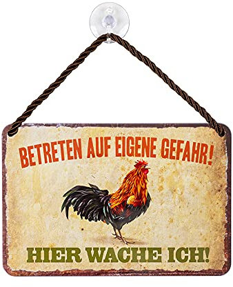 Hier wache ich Hahn Gockel Blechschild - Deko Metallschild mit Kordel und Saugnapf - Hängeschild Hühnerstall Hühnerhof - Dekoration Zubehör - lustiges Hinweisschild Warnschild - 18x12cm