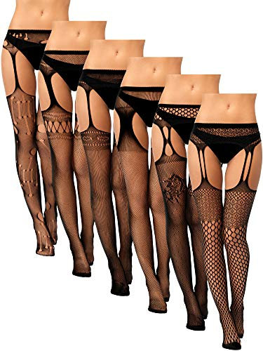 Geyoga 6 Paar Damen Netzstrümpfe Schwarze Spitze Netzstrumpfhose Ouvert Muster Strumpfhosen für Halloween Frauen (Stilvoller Stil)