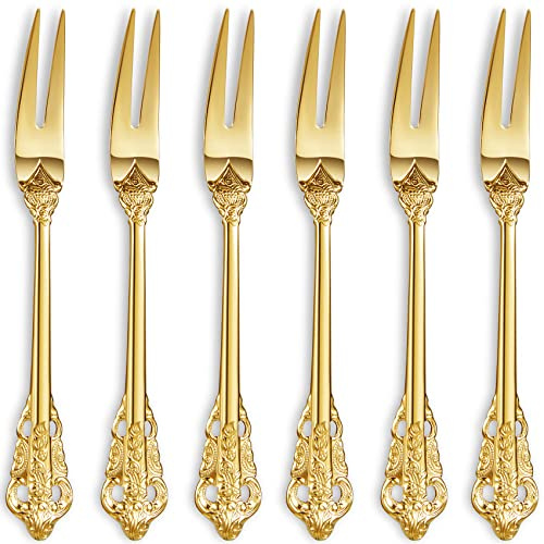 KEAWELL Luxury 6.3 Food Fork/Seafood Forks 18/10 Stainless Steel, Set of 6, Fruit Picks/Cocktail Forks/Charcuterie Accessories/Cocktail Picks for Appetizer, Cocktail, Pastry, Dessert (Gold)