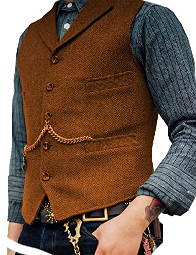 AeoTeokey Classic Mens Wool Tweed Suit Vest Casual Sleeveless Jacket Herringbone Waistcoat for Tuxedos(3XL,Orange)