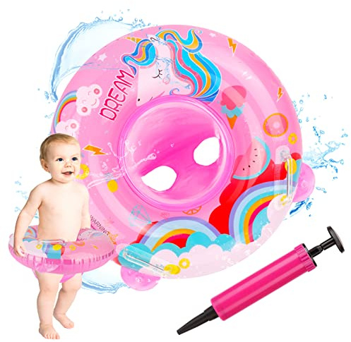 Pwsap Baby Swimming Ring, Unicorn Cartoon Inflatable Baby Swimming Float PVC Safety Aid Float Seat Circle Swim Float Boat with Inflator and Seat for Age 3+ Years Toddler Floating Training, Pink