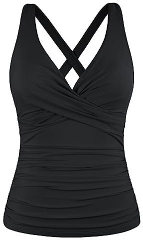 Hilor Underwire Tankini Bathing Suits for Women Top Only Sexy Black V Neck Swim Top Ruched Tummy Control Swimsuits 16
