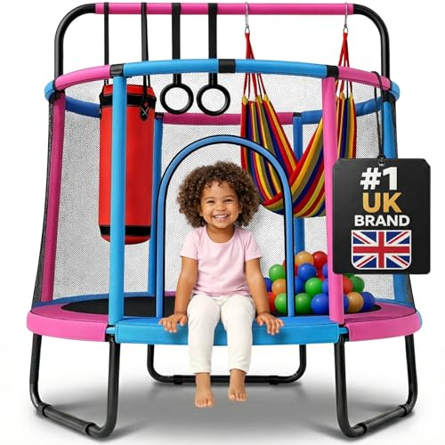Happin® 55’’ Trampoline for Kids with Safety Enclosure, Indoor & Outdoor Toddler Trampoline, Ultra Safe Design with Multi Activity Accessories, Perfect for Boys & Girls Ages 1–8