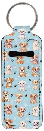 Baxinh Cute Puppy Paws Printed Lipstick Holder Pouch, Portable Cartoon Lipstick Holder Keychain for Travel, Clip-on Sleeve Chapstick Pouch for Women Girls