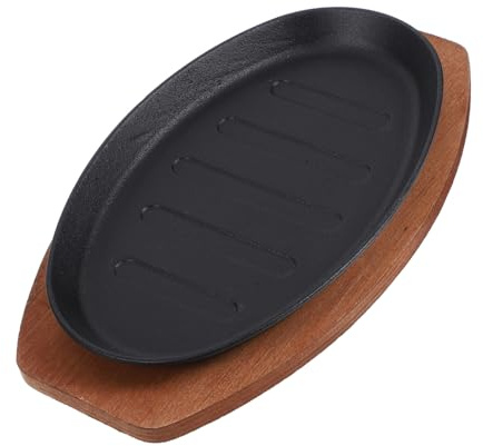 Mikinona Piastra in Ghisa Robusta e Liscia con Base in Legno, per Bistecche e Pesce alla Griglia in Ristorante, Padella per Bistecca Semplice ed Elegante